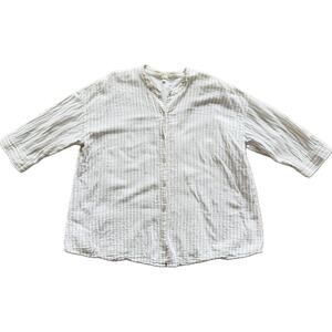 Eileen Fisher Women's White Tan Striped Gauze Organic Cotton Blouse XL Mandarin